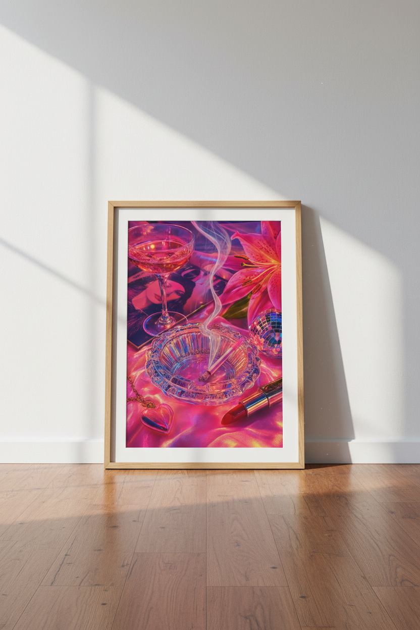 Preppy Pink Aesthetic Wall Art | Retro Glamour Disco Decor, Neon Poster