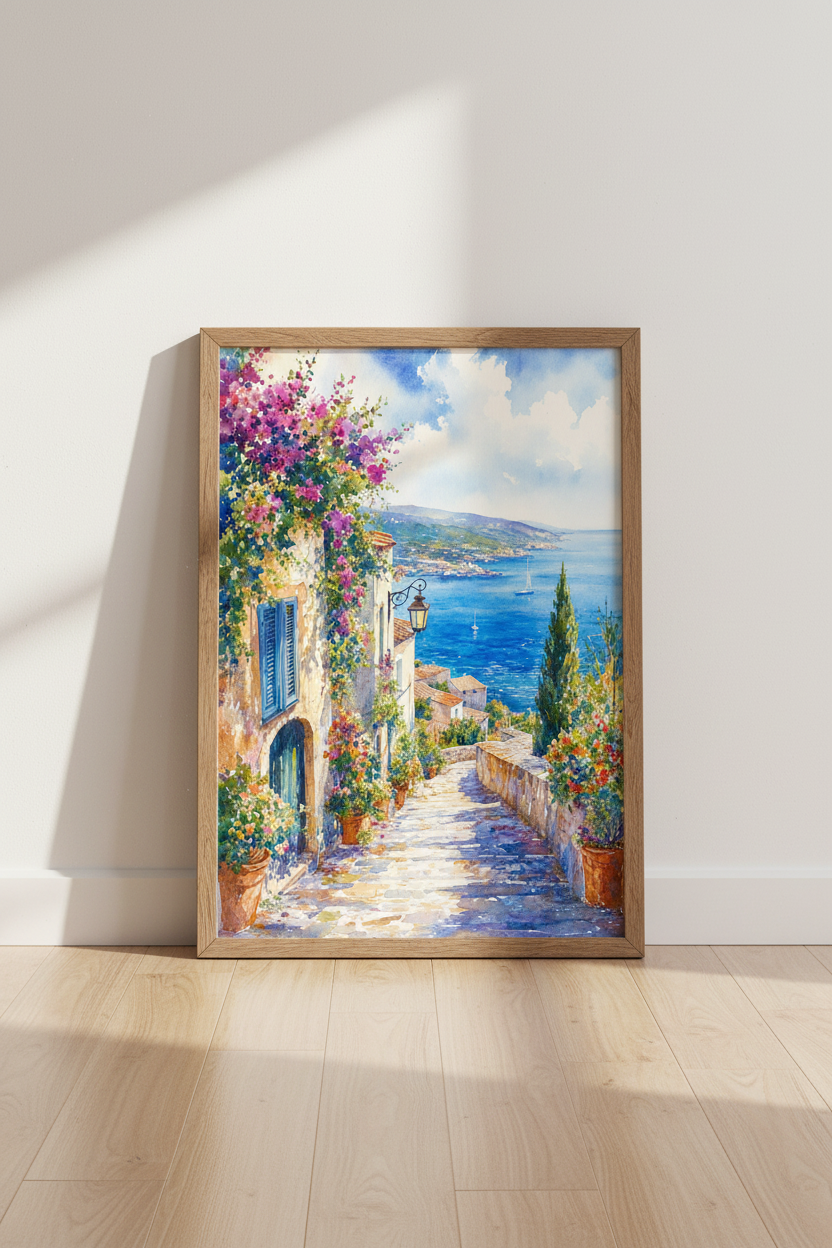 Mediterranean Coastal Village Watercolor | Blue Sea Poster, Italian Summer Decor