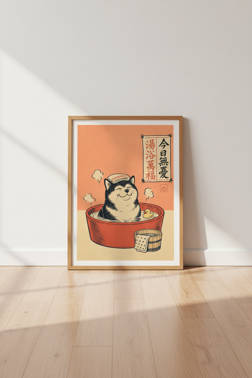 Shiba Inu Onsen Bath Wall Art | Japanese Retro Style Poster | Cute Bathroom Decor