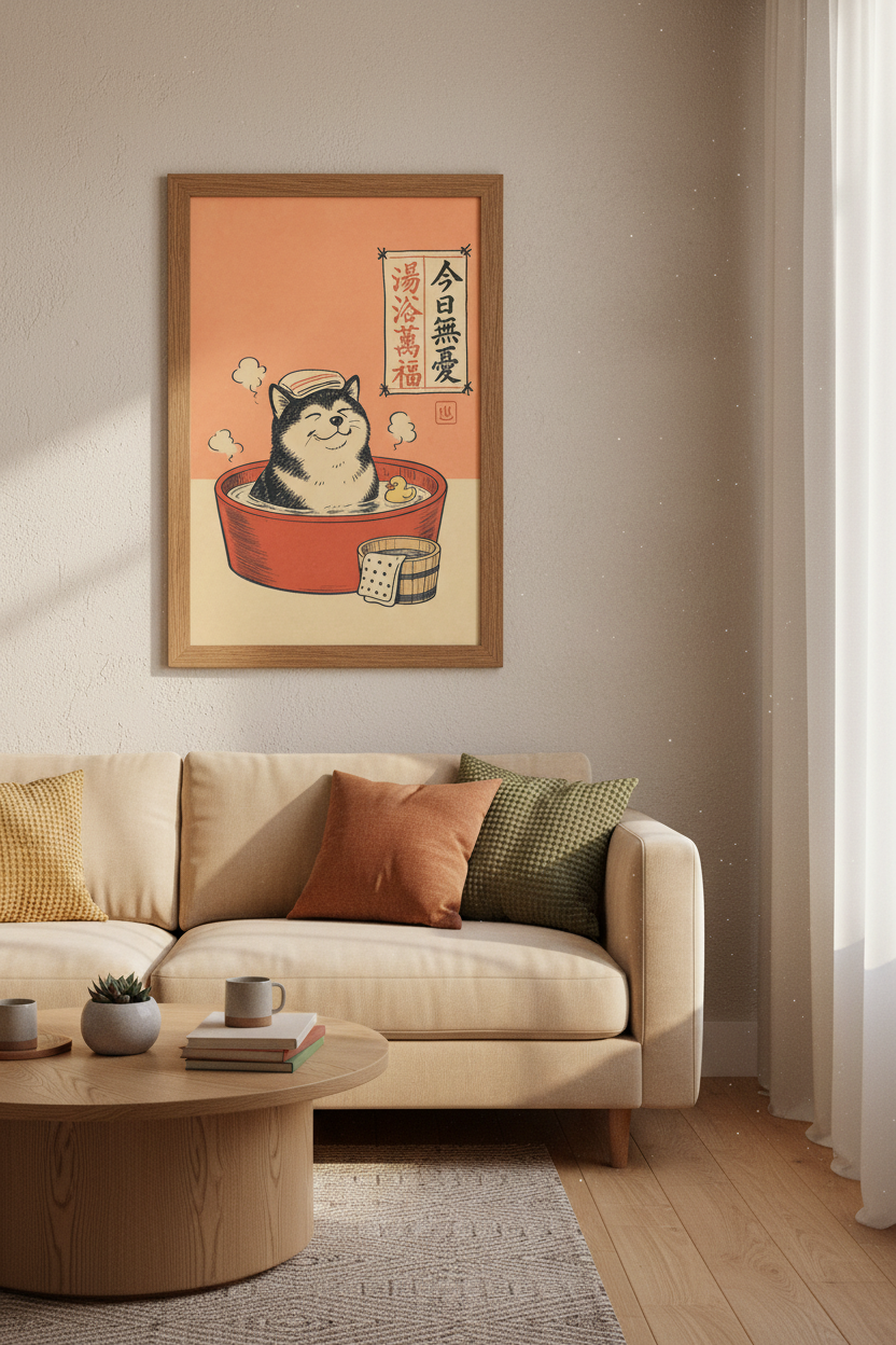 Shiba Inu Onsen Bath Wall Art | Japanese Retro Style Poster | Cute Bathroom Decor