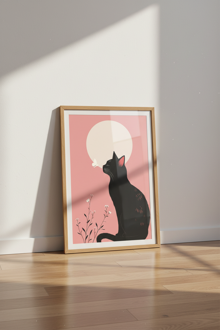 Black Cat Moon Wall Art | Pink Minimalist Poster, Whimsical Nursery Decor