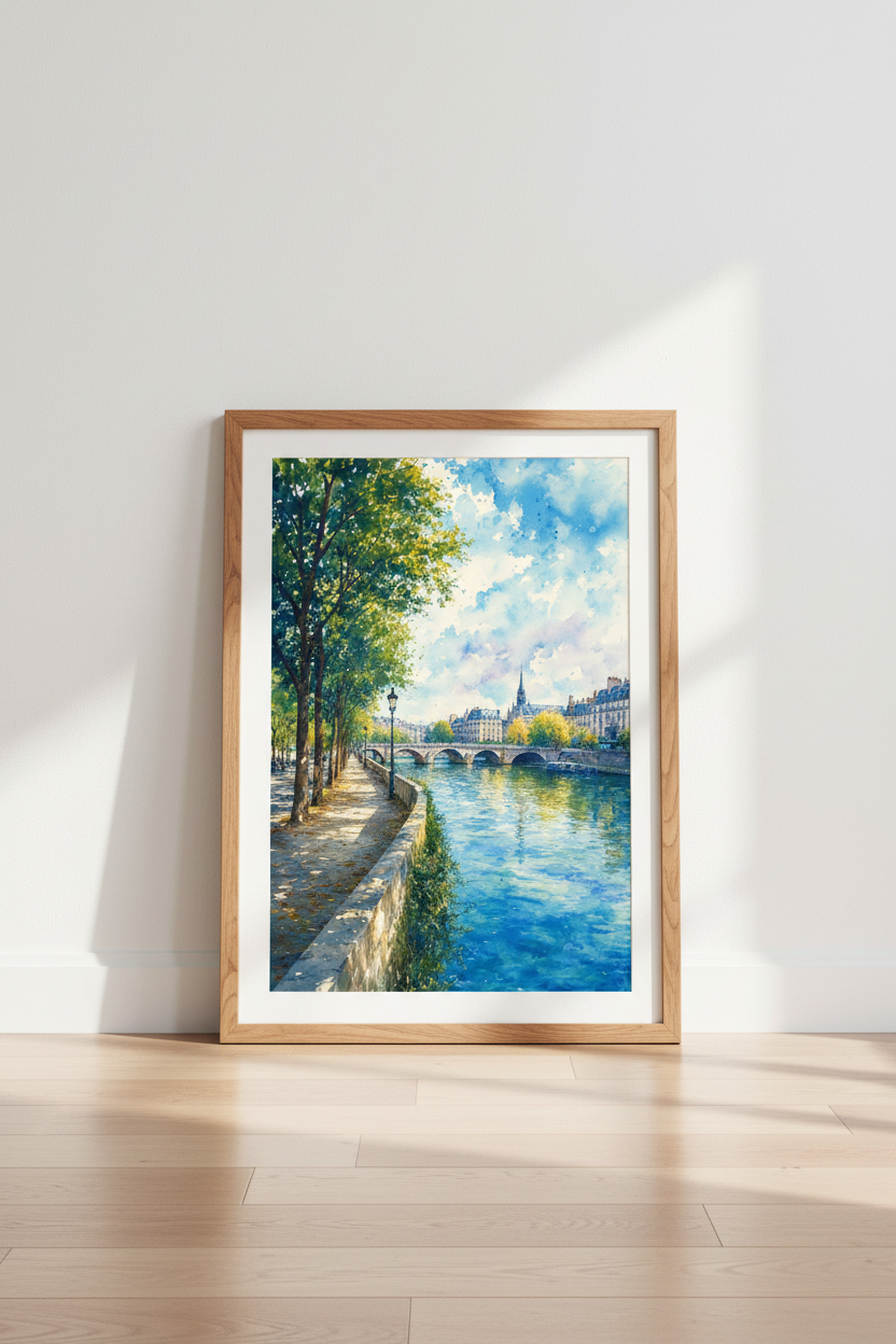 Paris Seine Watercolor Wall Art | French Cityscape Poster, Living Room Decor