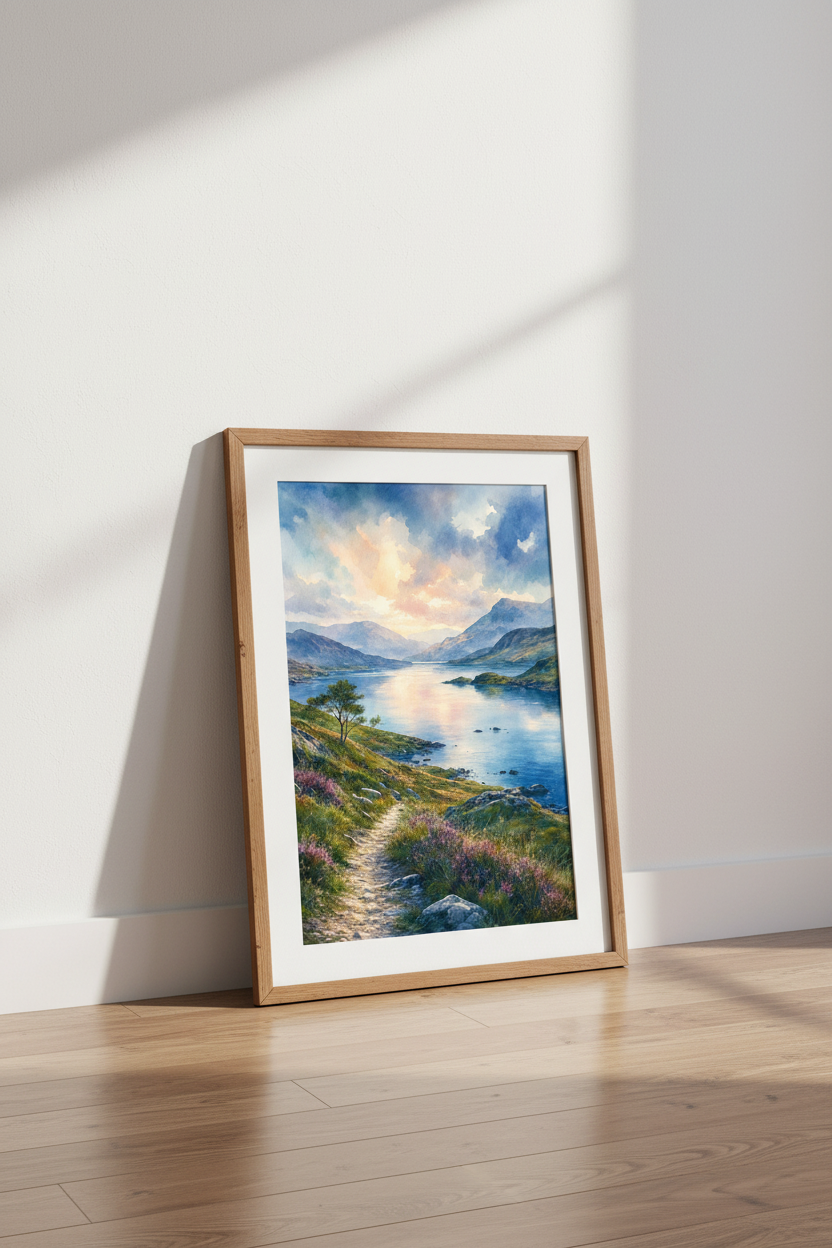 Watercolor Mountain Lake Landscape | Highland Sunset Scene, Living Room Decor
