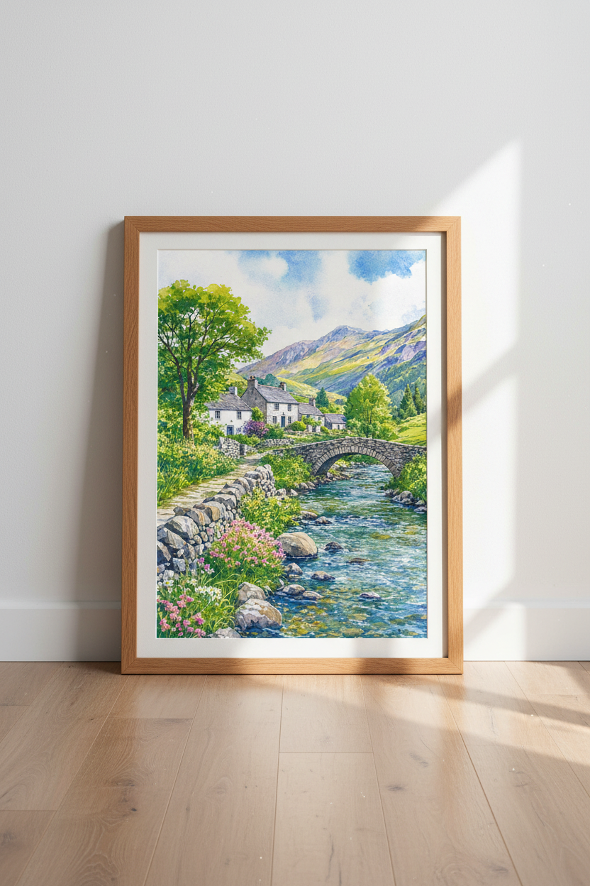 English Countryside Landscape Watercolor | Rustic Village Decor, Nature Wall Art
