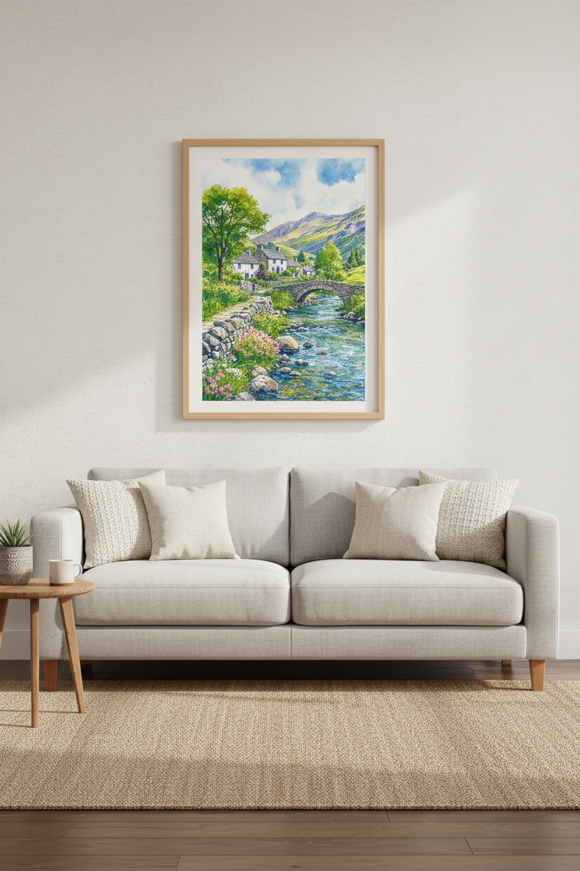 English Countryside Landscape Watercolor | Rustic Village Decor, Nature Wall Art