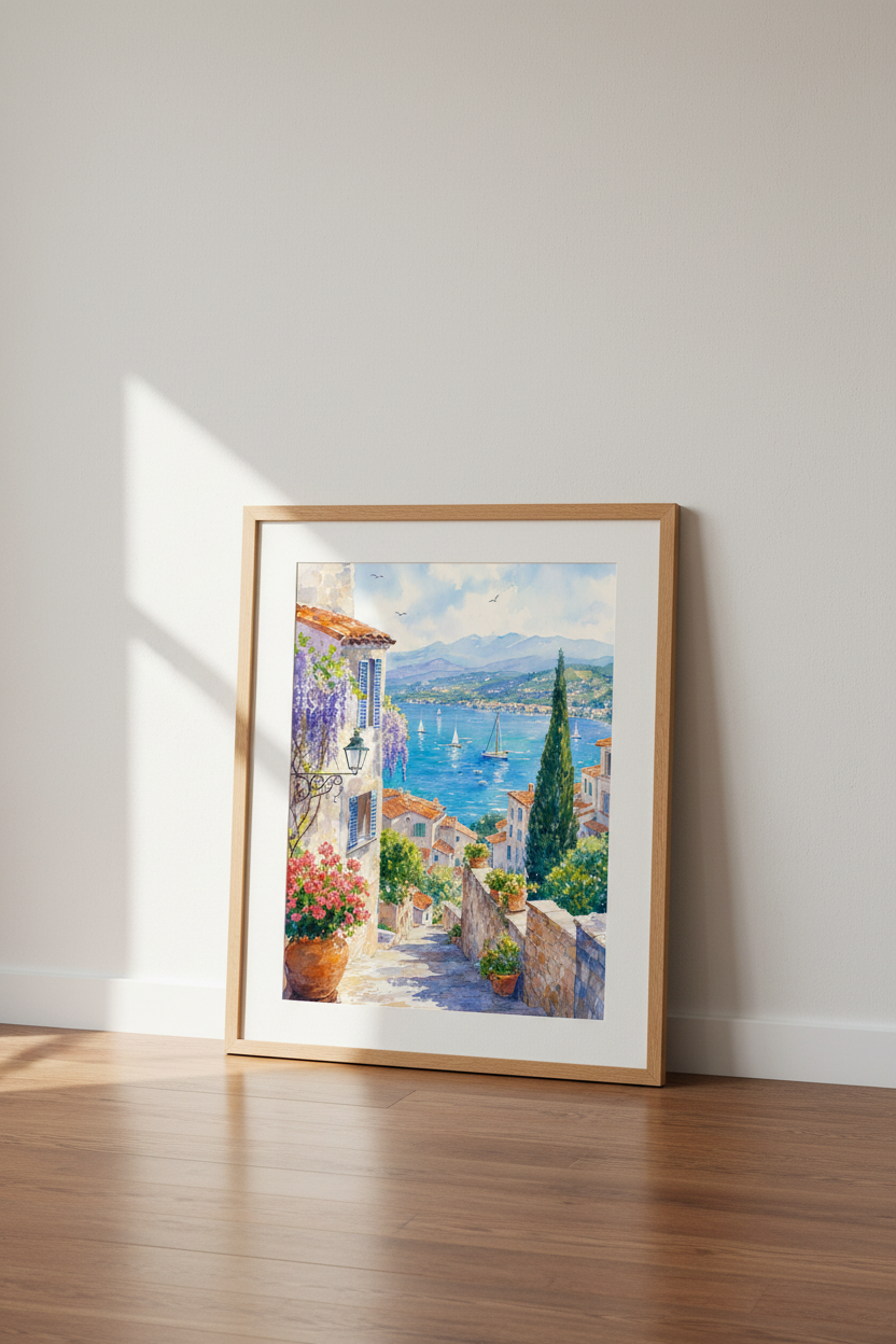 Mediterranean Coastal Watercolor Wall Art | Blue Sea Landscape, Italian Travel Poster