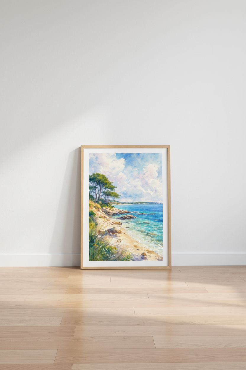 Coastal Landscape Watercolor Print | Blue Ocean Beach Decor | Summer Seascape Poster