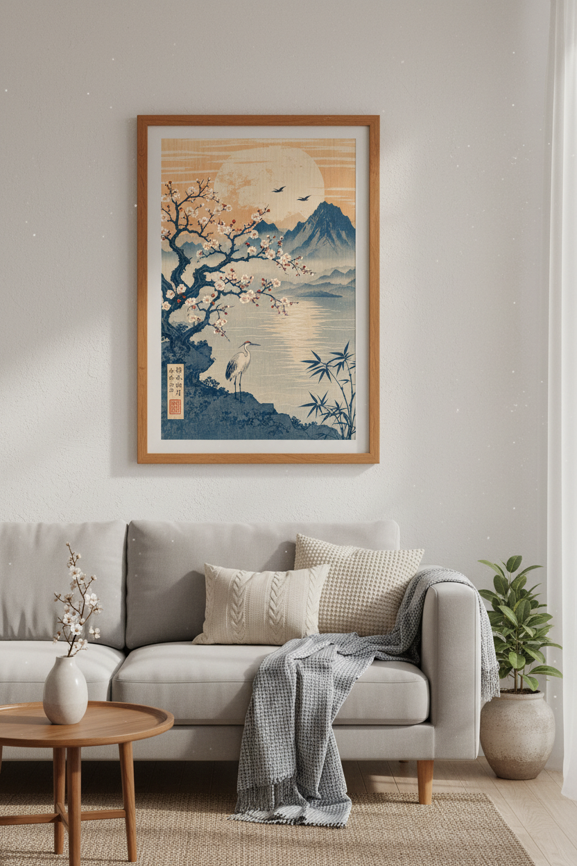 Japanese Crane Blossom Art | Ukiyo-e Landscape, Living Room Decor