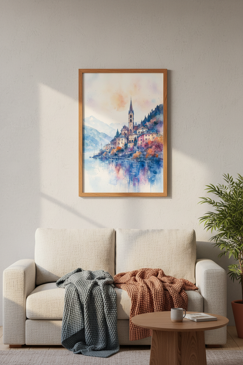 Lake Village Watercolor Art | European Mountain Landscape, Living Room Decor