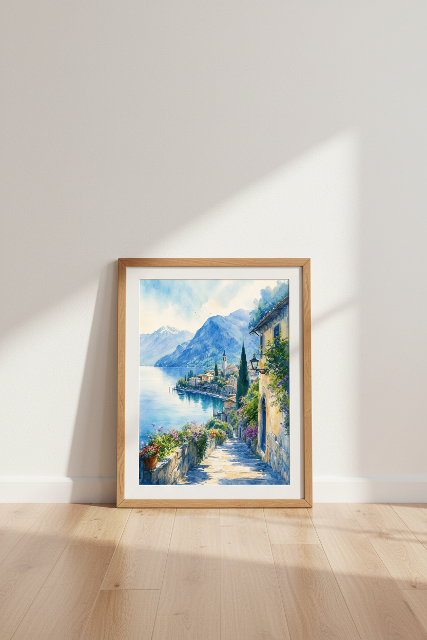 Lake Como Watercolor Art | Italian Village Landscape, Mediterranean Wall Decor