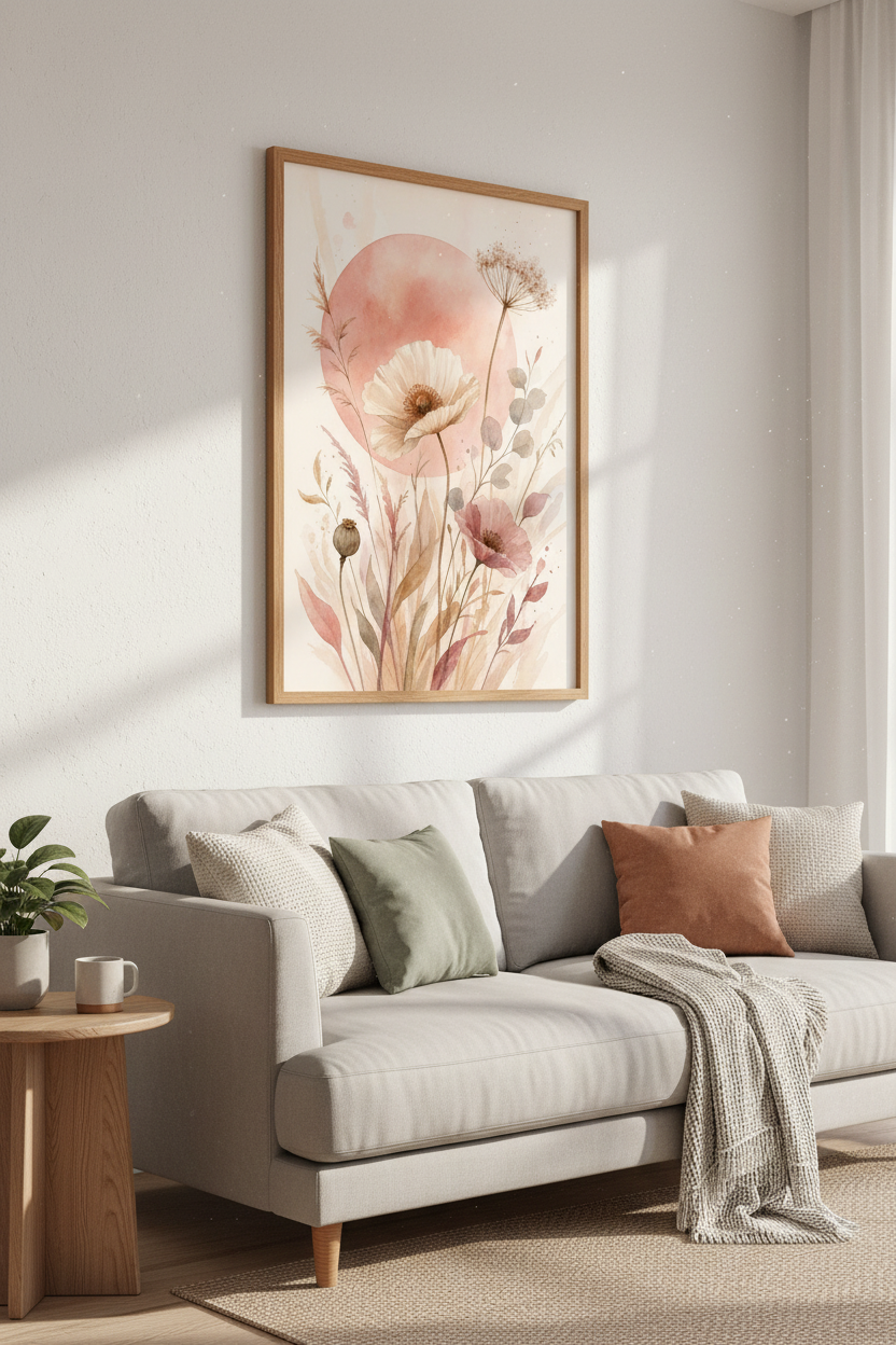 Wildflower Watercolor Print | Terracotta Sun Boho Wall Art, Bedroom Flower Decor