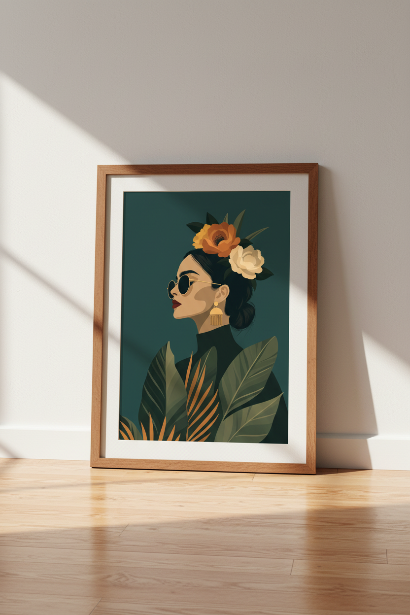 Modern Tropical Woman Art Print | Teal Botanical Portrait Decor | Chic Floral Poster