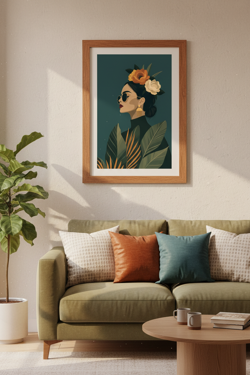 Modern Tropical Woman Art Print | Teal Botanical Portrait Decor | Chic Floral Poster