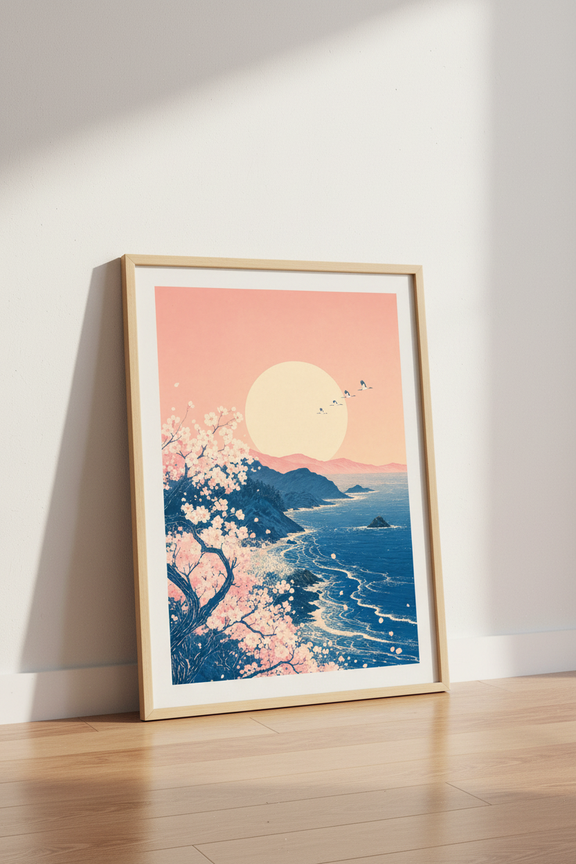 Japanese Coastal Landscape | Pink Cherry Blossom & Sun, Zen Living Room Decor