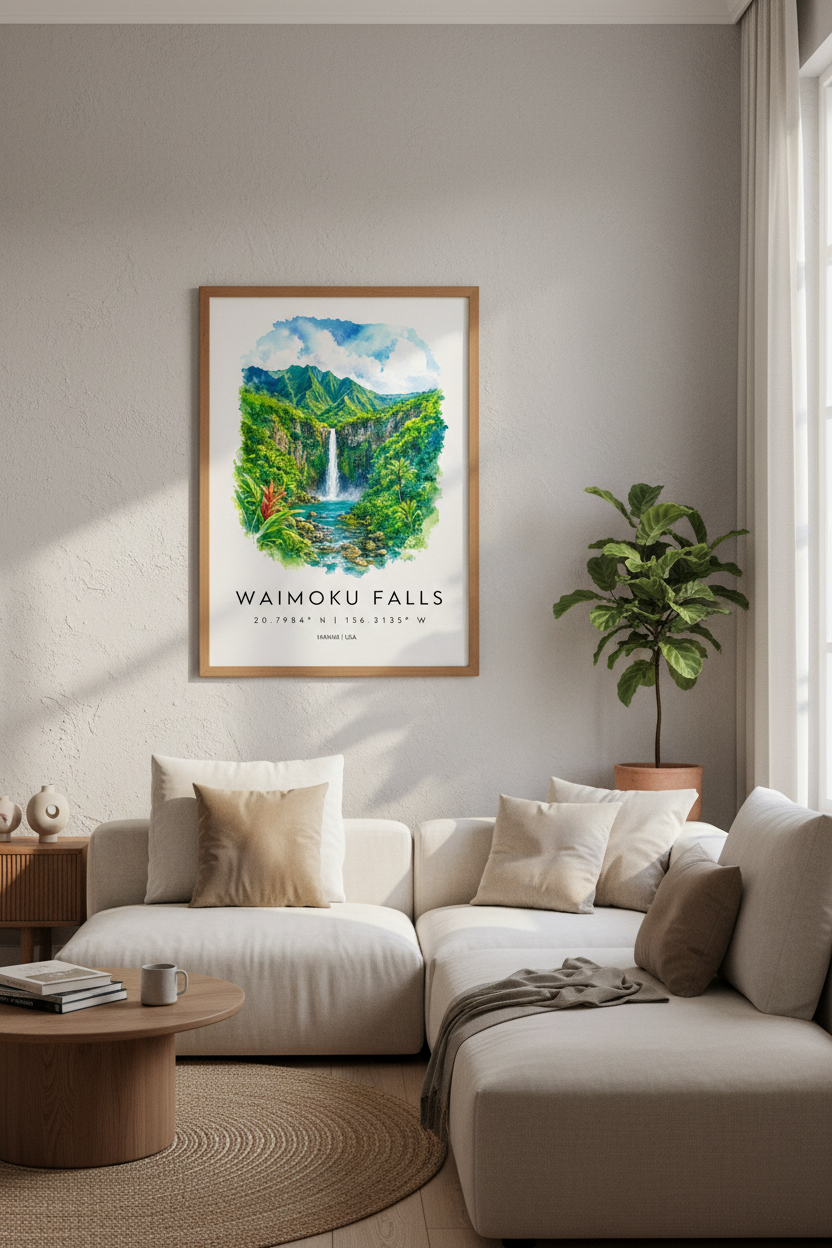 Waimoku Falls Hawaii Art Print | Maui Waterfall Decor | Tropical Watercolor Poster