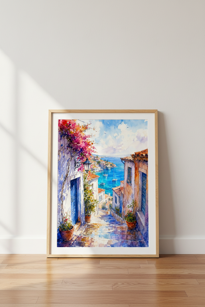 Coastal Village Watercolor | Mediterranean Blue Sea Art Print, Greek Decor Poster