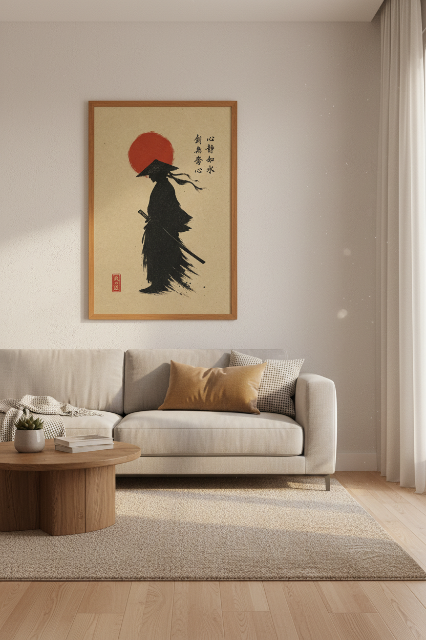 Samurai Silhouette Wall Art | Japanese Ink Style, Home Office & Dojo Decor