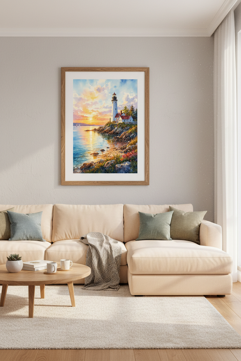 Lighthouse Sunset Watercolor Art | Coastal Landscape, Beach House Decor