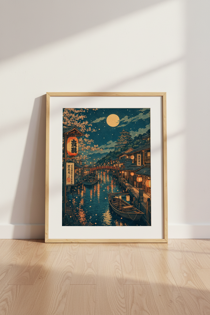Japanese Village Wall Art | Ukiyo-e Moonlit River Poster, Zen Home Decor