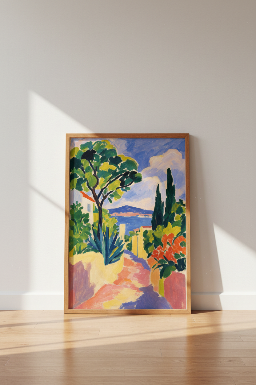 Mediterranean Coastal Landscape | Fauvist Blue & Yellow Art, Living Room Wall Decor