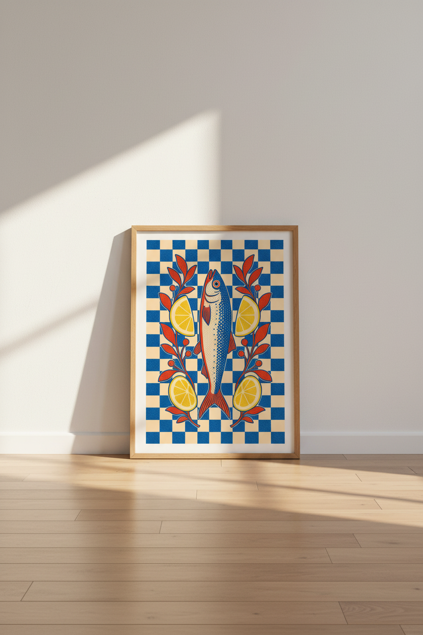 Sardines & Lemons Art | Blue Checkered Folk Style Kitchen Decor | Mediterranean Poster