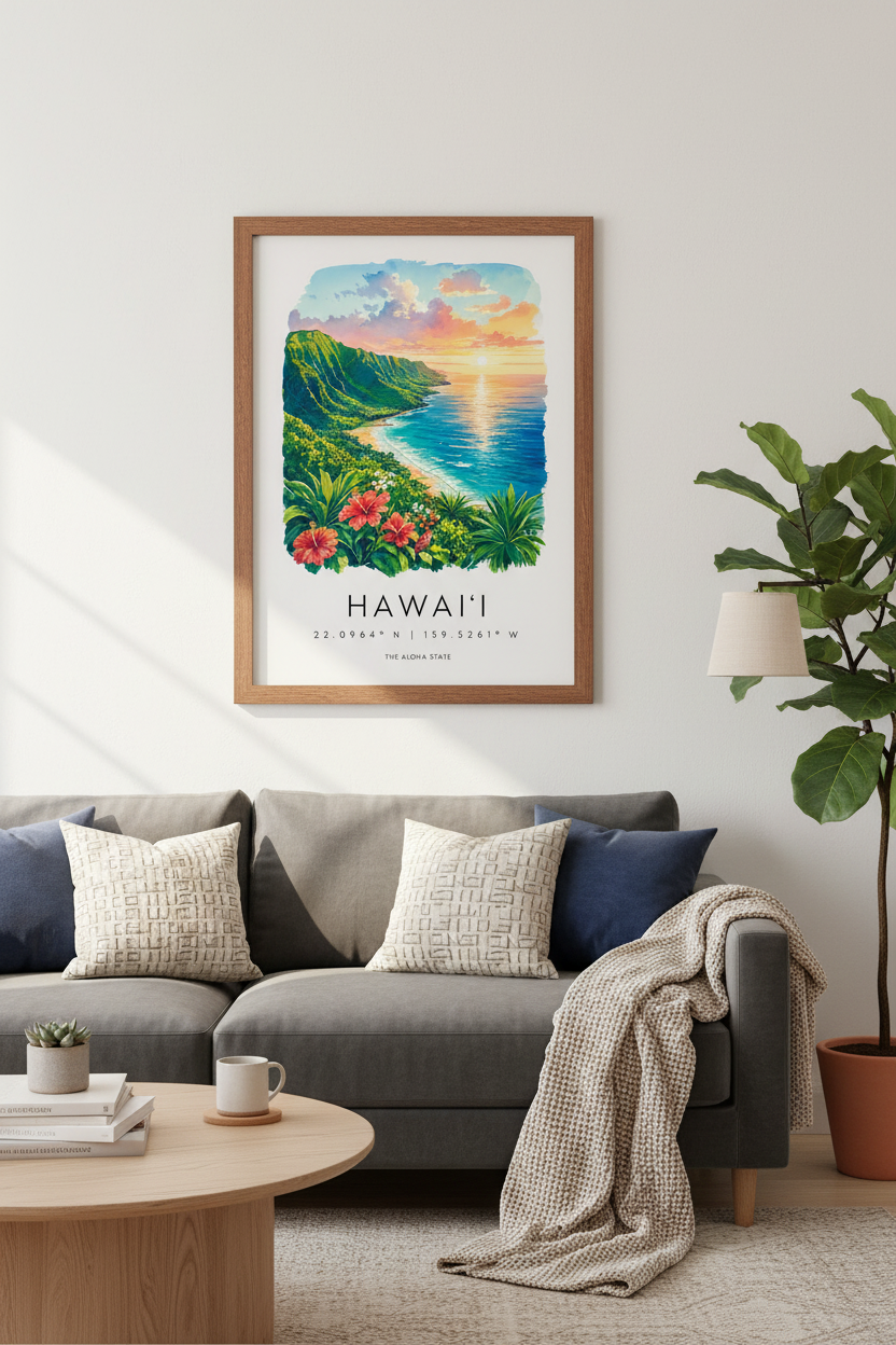Hawaii Travel Poster | Watercolor Coastal Landscape, Tropical Beach Wall Art Print
