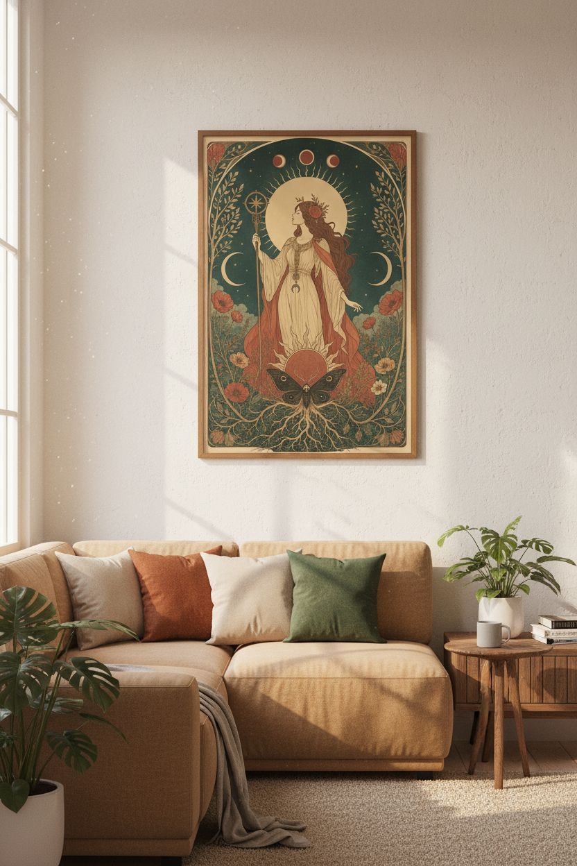 Celestial Goddess Wall Art | Art Nouveau Moon Poster, Witchy Boho Bedroom Decor