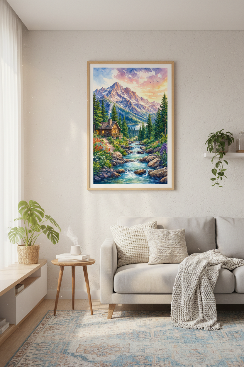 Mountain Landscape Cabin Wall Art | Watercolor Nature Scene, Living Room Decor