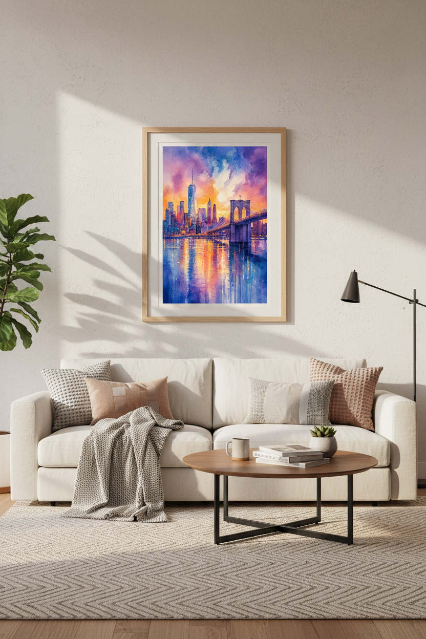 NYC Skyline Watercolor | Brooklyn Bridge Sunset Print, Modern Living Room Decor