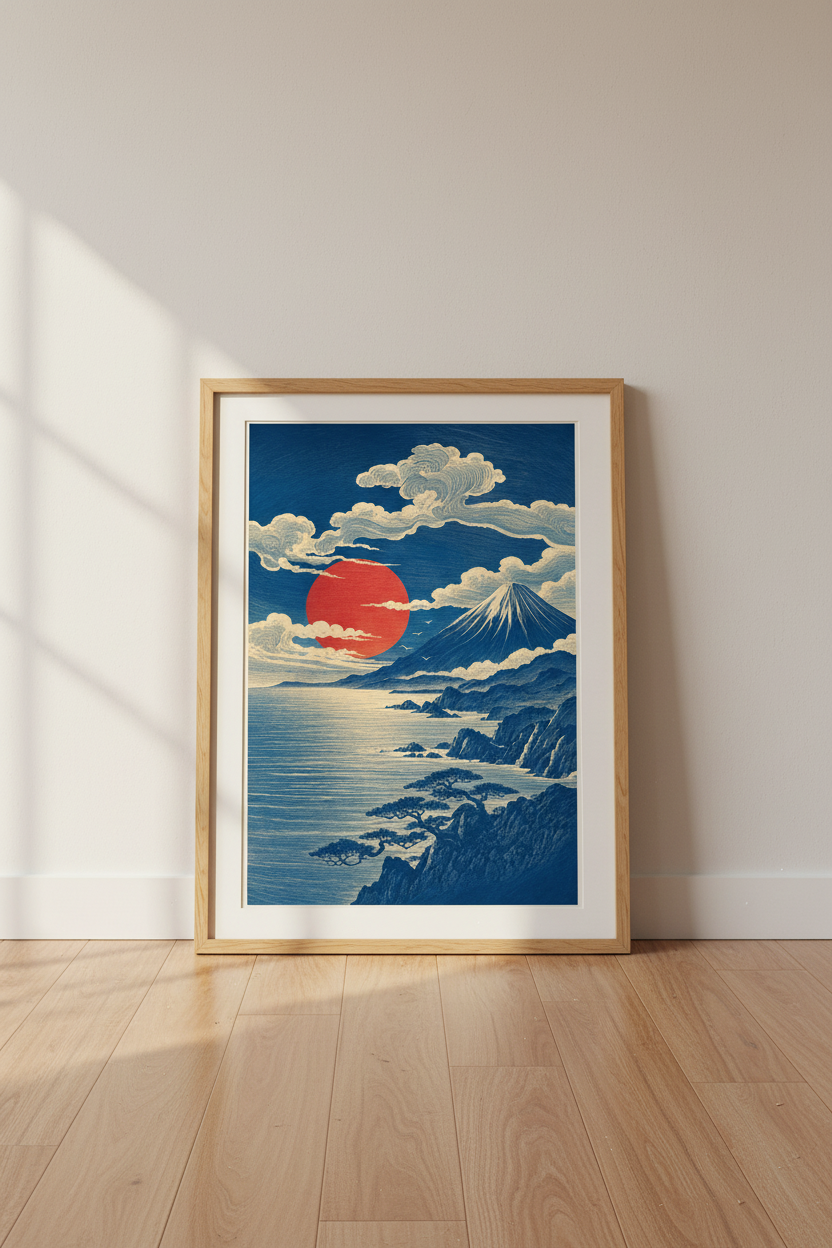 Japanese Mount Fuji Wall Art Print | Red Sun Coastal Decor | Zen Landscape Poster