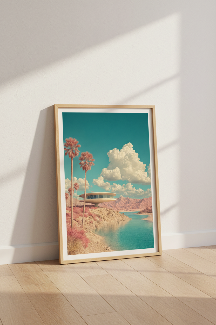 Retro Futurist Desert House Print | Teal and Pink Mid Century Modern Wall Art Decor