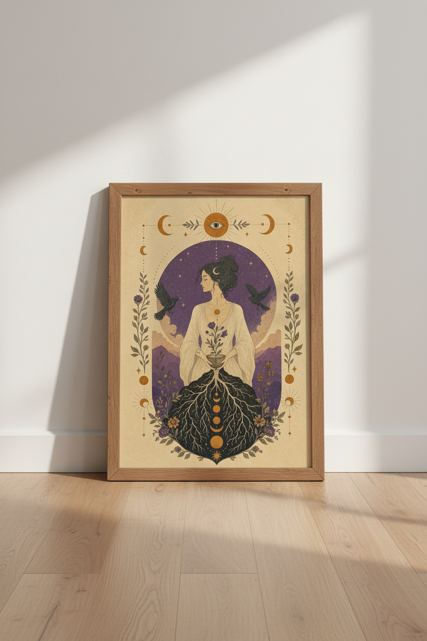 Celestial Goddess Wall Art | Mystical Moon & Raven Art Print | Dark Academia Decor