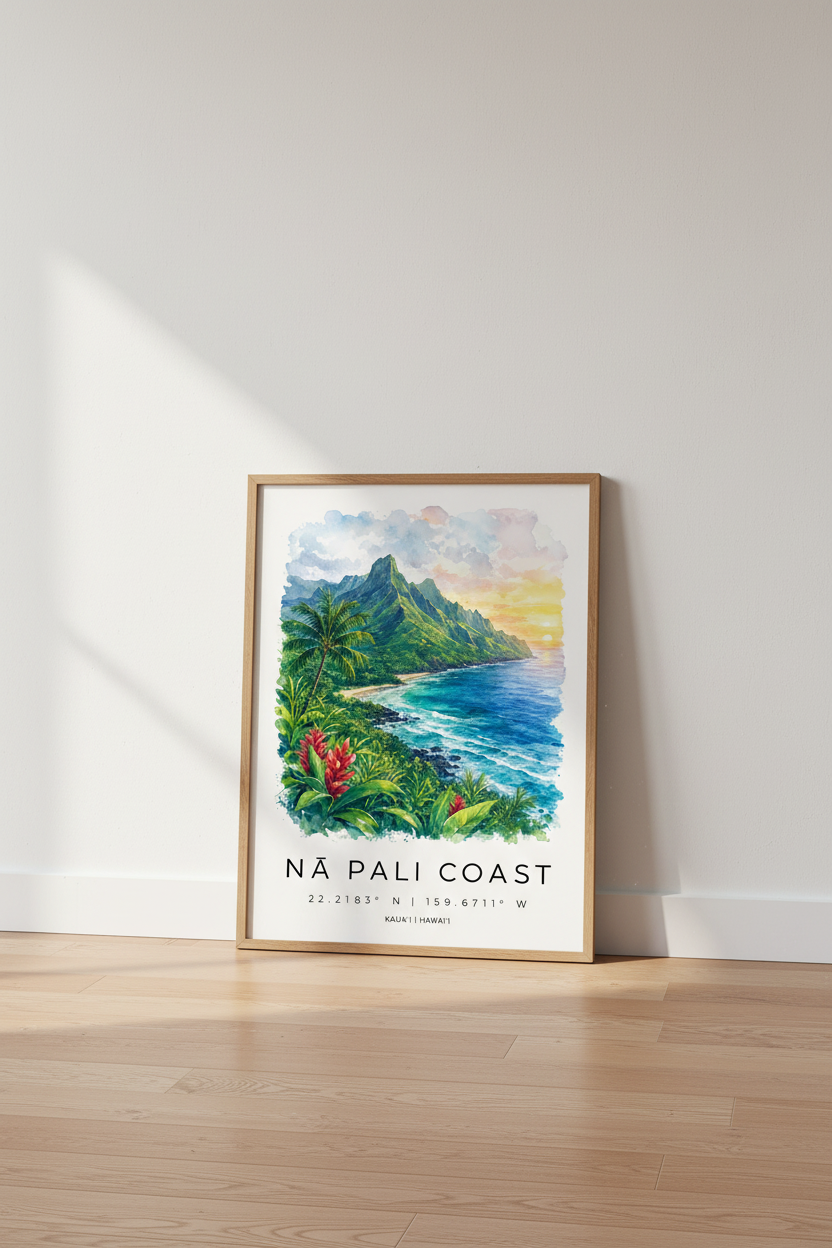 Na Pali Coast Hawaii Watercolor Art | Tropical Beach Decor, Kauai Landscape Print