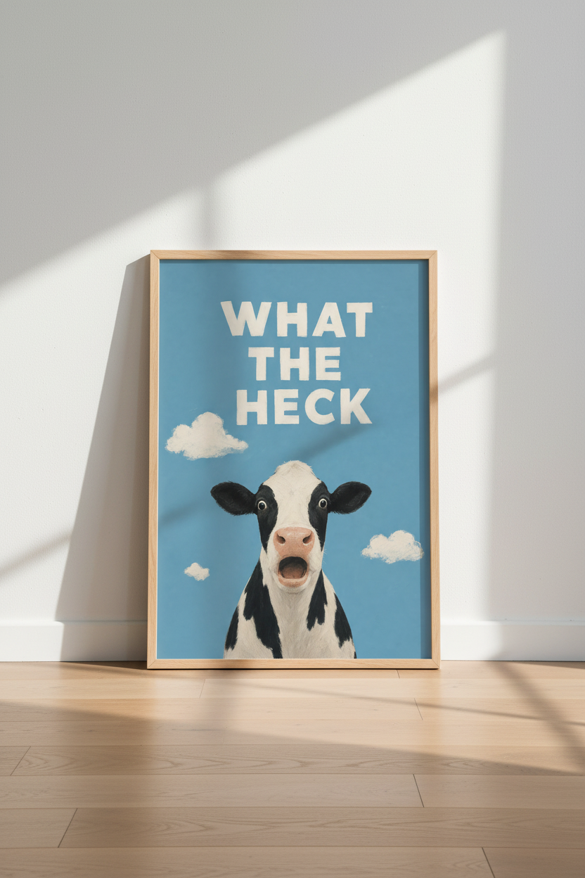Funny Cow Wall Art Print | Blue Modern Farmhouse Decor | Surprised Animal Poster