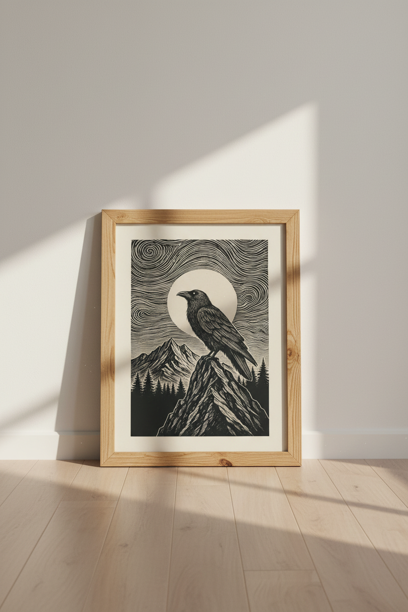 Raven Mountain Linocut Wall Art | Dark Academia Black & White Moon Poster