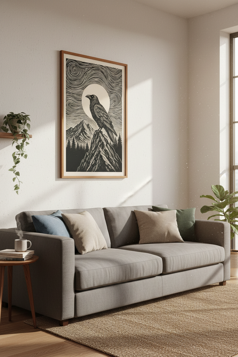 Raven Mountain Linocut Wall Art | Dark Academia Black & White Moon Poster