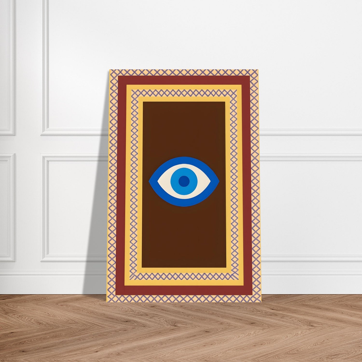 Azure Guardian – Evil Eye Folk Wall Art in Rich Earth Tones (A0, A1,A2, A3. A4 Poster) 60x90 cm 24x36″ Brown with Blue Eye