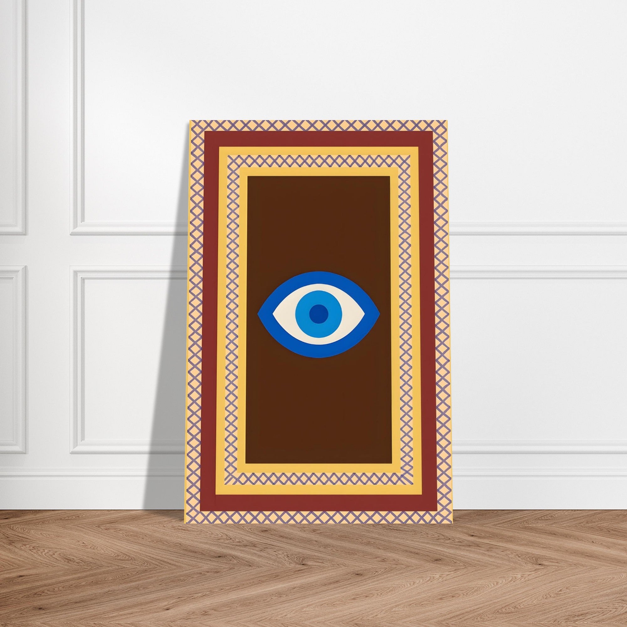 Azure Guardian – Evil Eye Folk Wall Art in Rich Earth Tones (A0, A1,A2, A3. A4 Poster) 60x90 cm 24x36″ Brown with Blue Eye