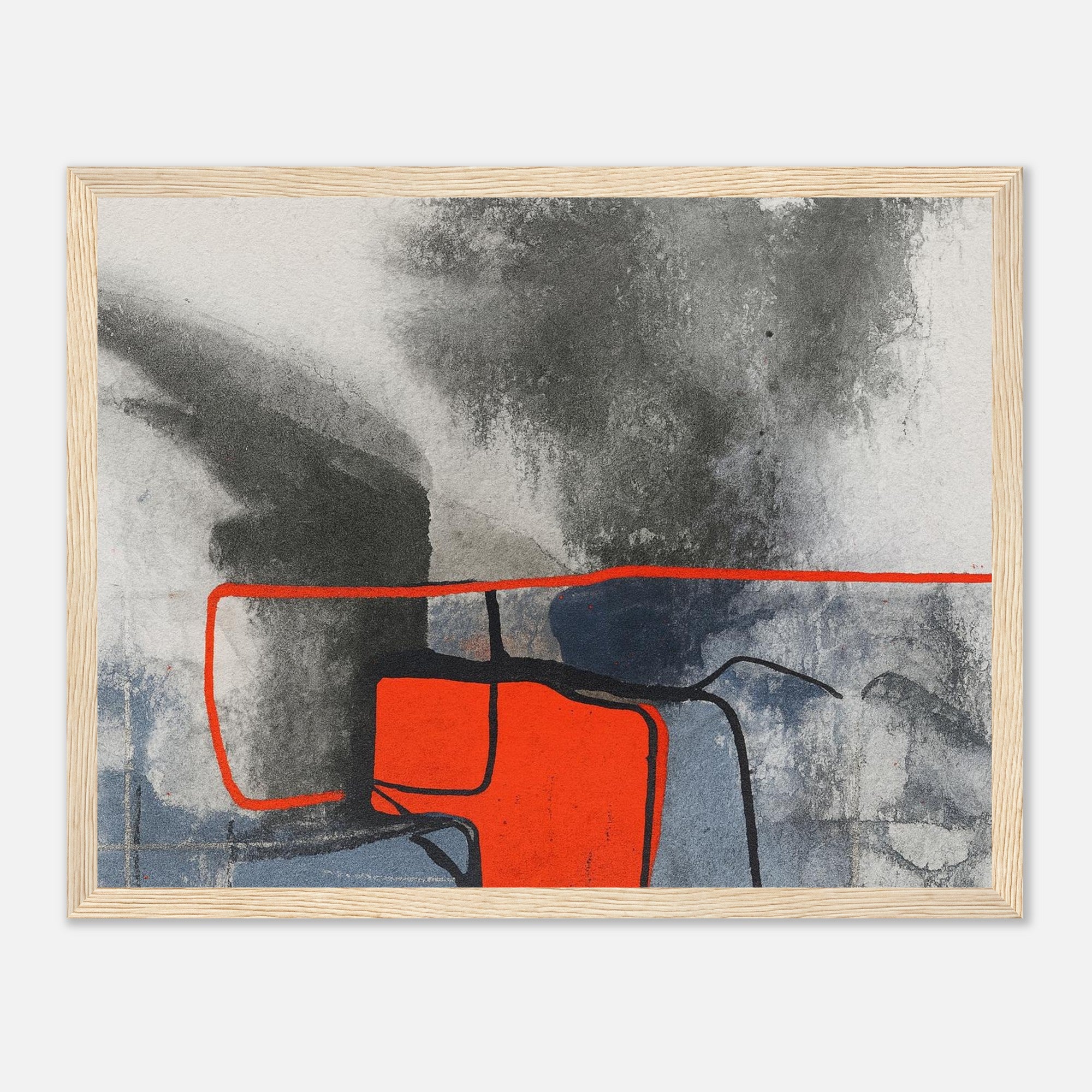 Urban Ember – Abstract Expressionist Print with Red Accents, Modern Art Poster, Moody Watercolor - Matte Wooden Framed 27x35 cm 11x14″ Wood frame