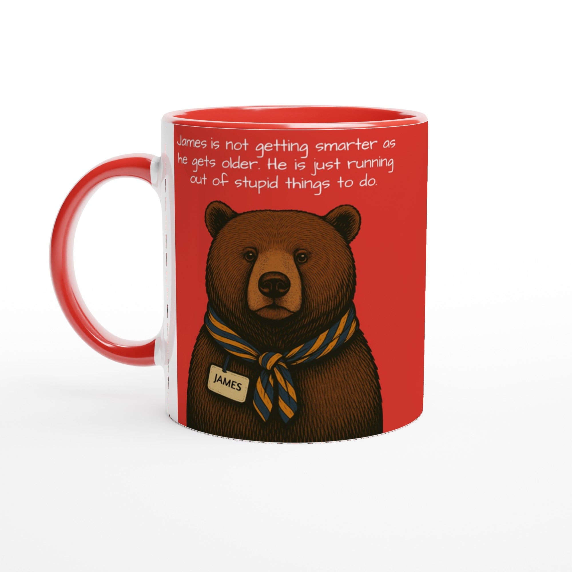 Wise Bear Mug – Vintage Bear Illustration with Scarf – Custom Bear Tag – Funny 11oz Coffee Mug – Gift for Him – Quirky Animal Lover Gift Ceramic Red