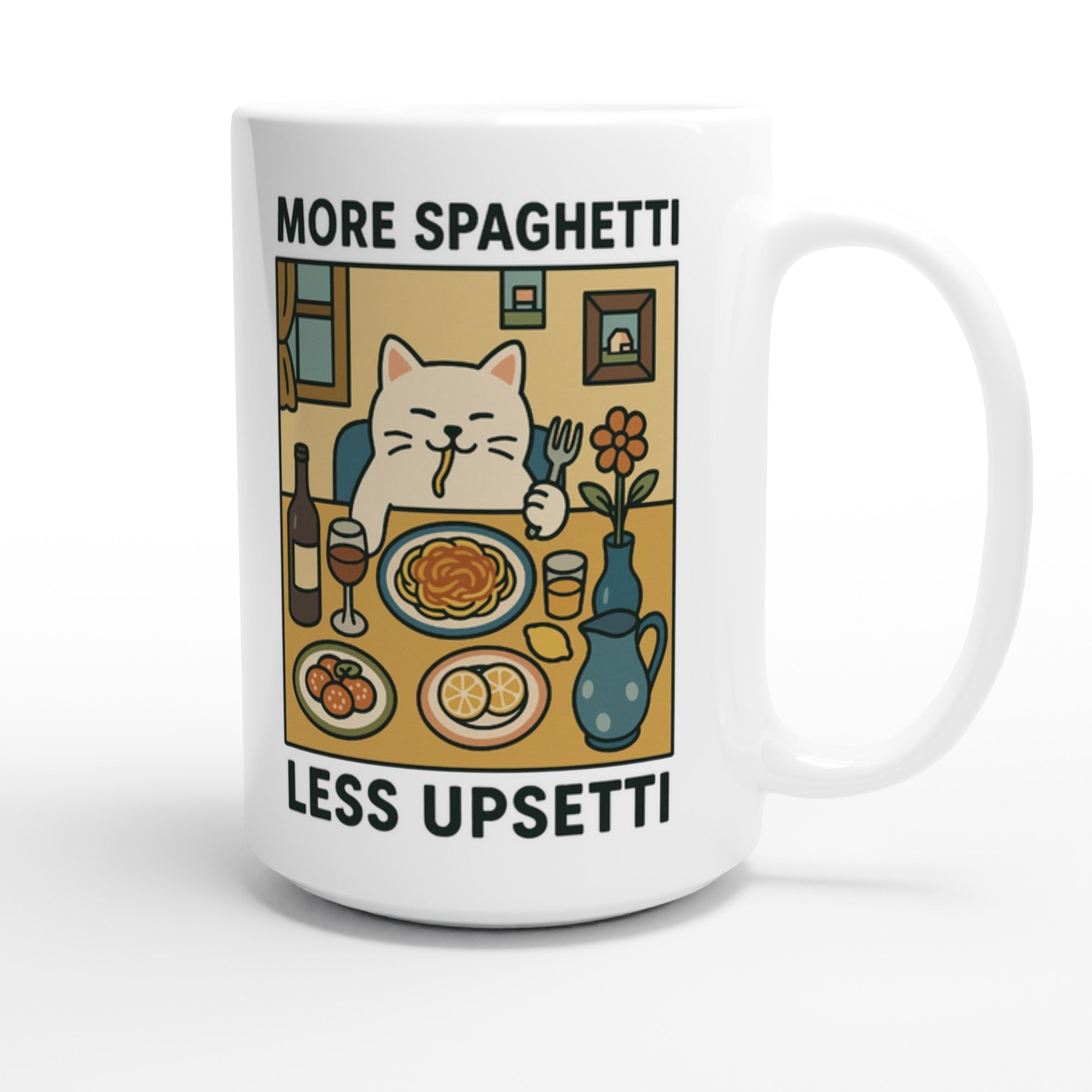 More Spaghetti Less Upsetti Mug - Cute Cat Lover Gift - 15oz Ceramic Cup for Coffee & Tea - White 15oz Ceramic Mug