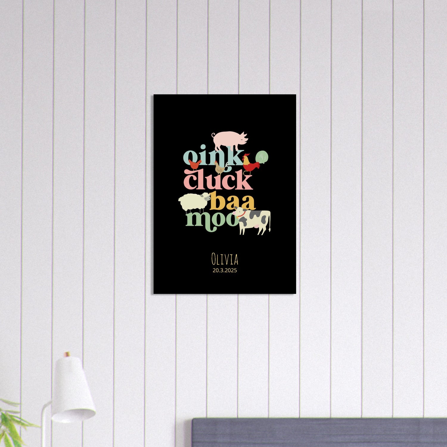 Oink Cluck Baa Moo Personalized Farm Print - Cute Nursery Wall Art Poster - Black 50x70 cm 20x28″