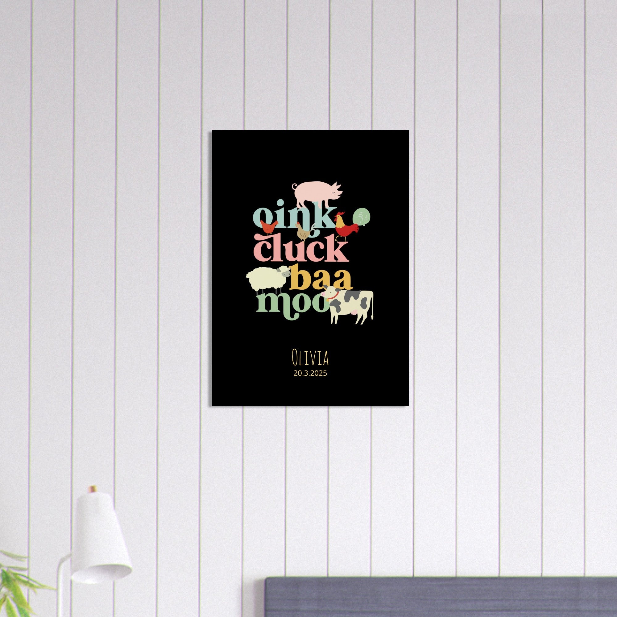 Oink Cluck Baa Moo Personalized Farm Print - Cute Nursery Wall Art Poster - Black 50x70 cm 20x28″