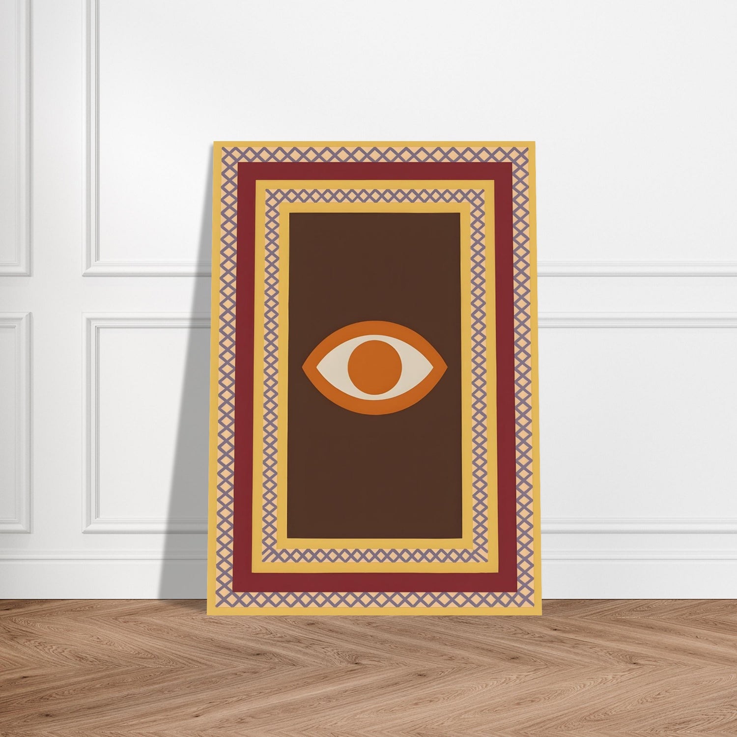 Azure Guardian – Evil Eye Folk Wall Art in Rich Earth Tones (A0, A1,A2, A3. A4 Poster) A3 (29.7 x 42 cm) Brown with Orange Eye