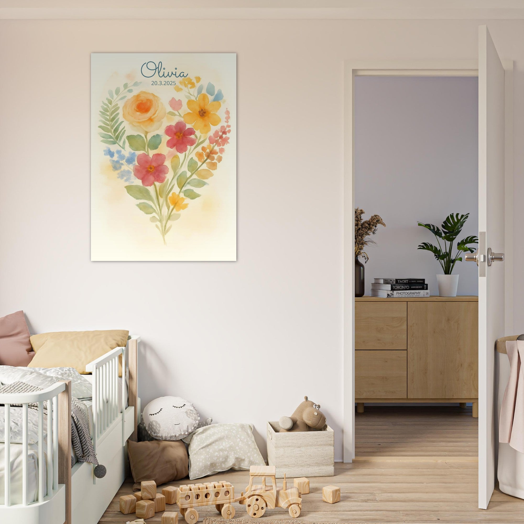 Personalized Floral Heart Nursery Print – Custom Name & Date Baby Girl Wall Art – Watercolor Flowers Poster – Newborn Gift for Girls Room 70x100 cm 28x40″