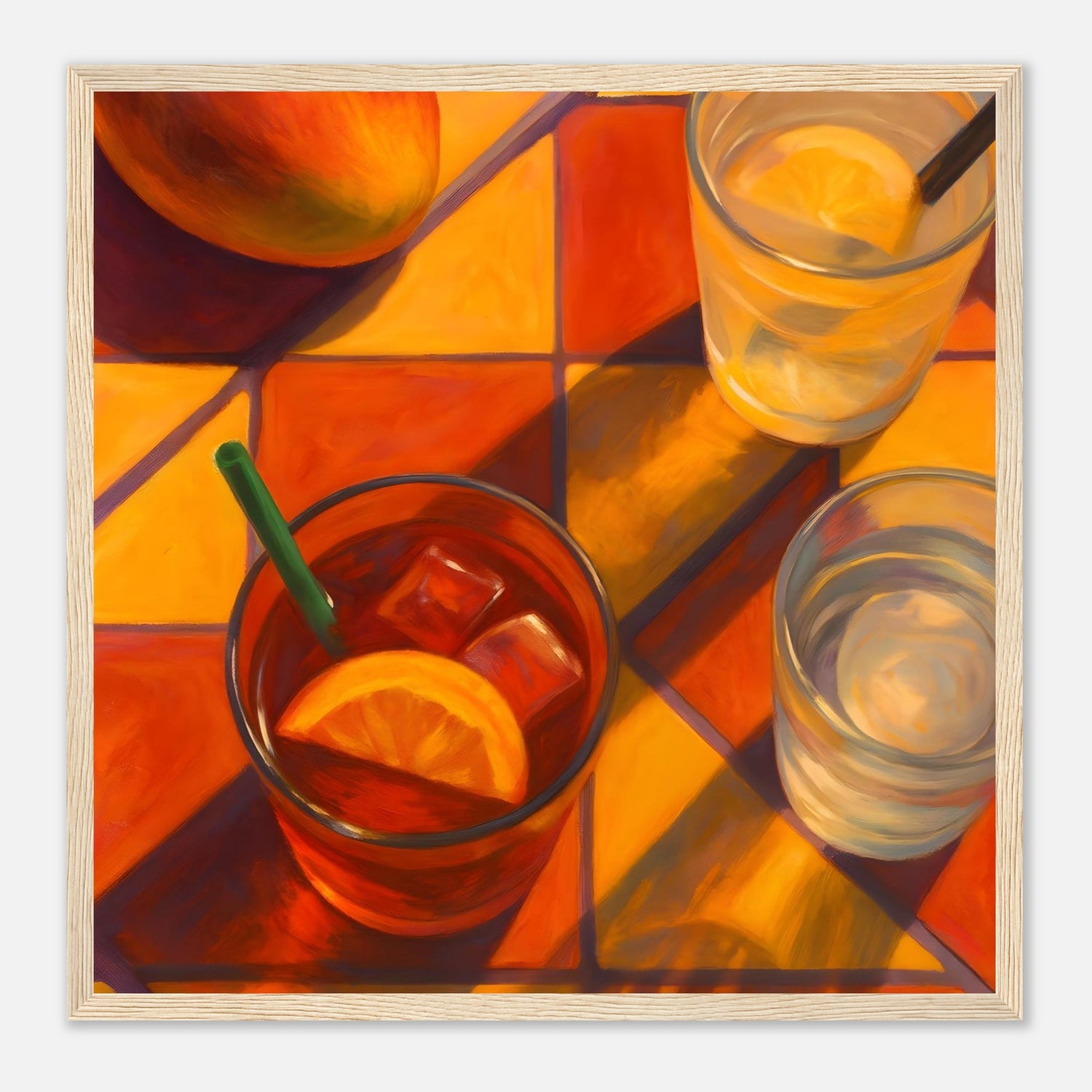 Vibrant Mango & Citrus Still Life Poster - Warm Tile Aesthetic Wall Art - Wooden Framed Poster 40x40 cm 16x16″ Wood frame