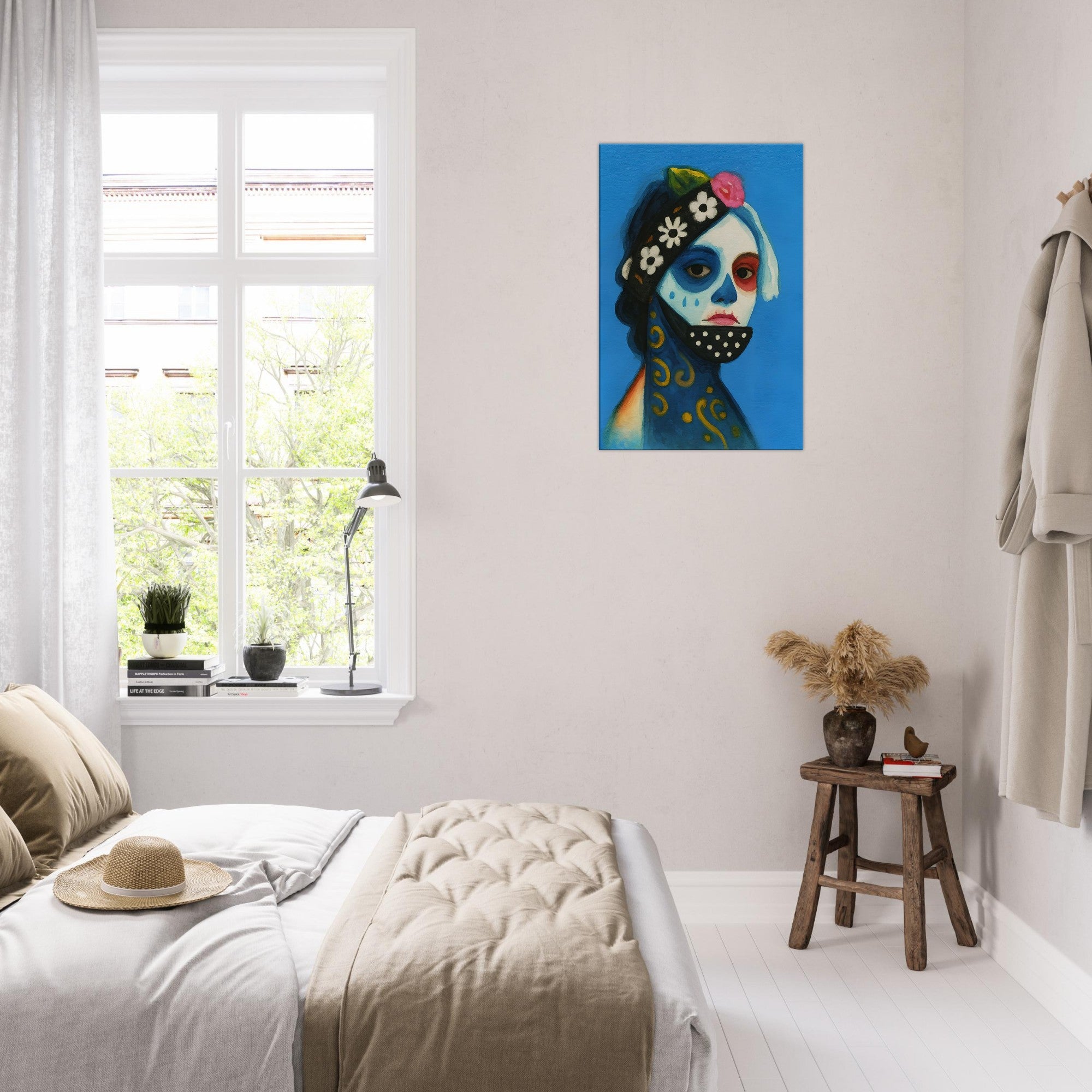 Day of the Dead Watercolor Canvas, Día de los Muertos Masked Woman Wall Art, Mexican Folk Art A3 Print, Skeleton Face Painting Slim Canvas