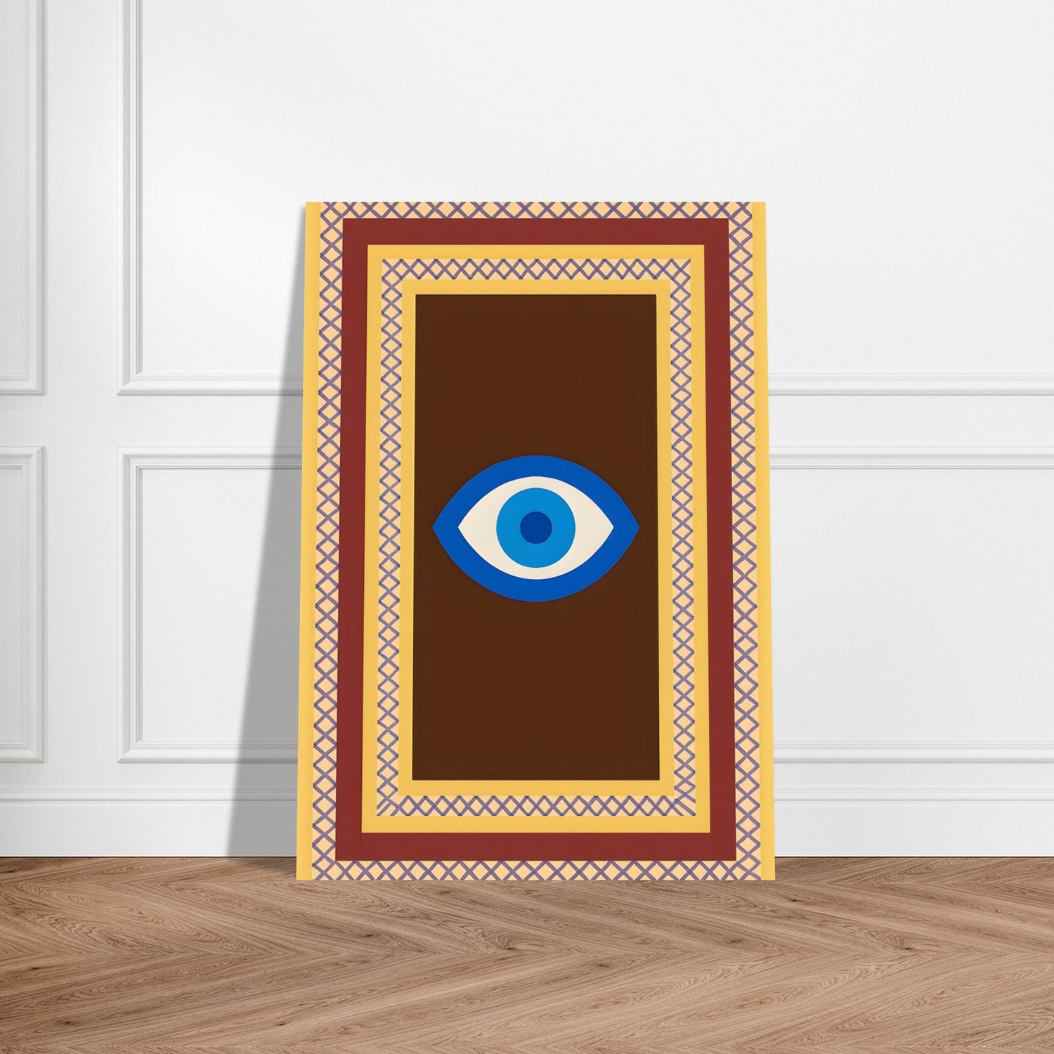 Azure Guardian – Evil Eye Folk Wall Art in Rich Earth Tones (A0, A1,A2, A3. A4 Poster) A1 (59.4 x 84.1 cm) Brown with Blue Eye
