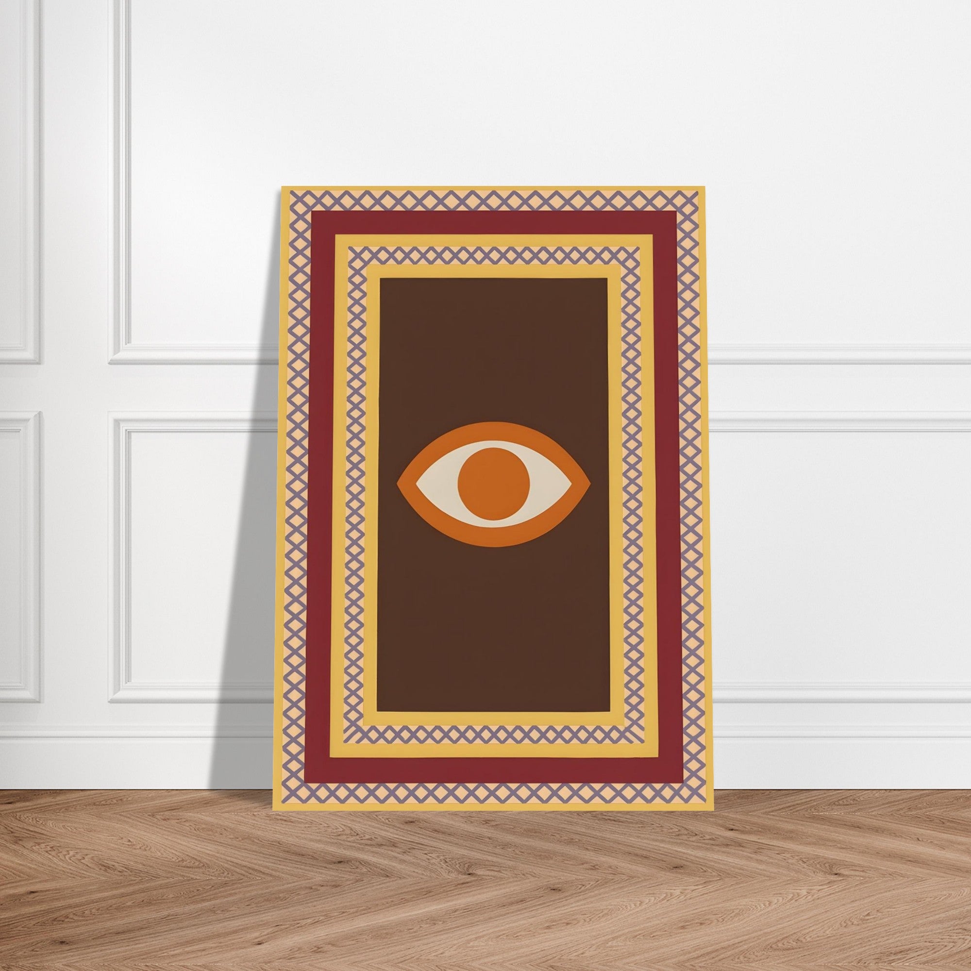 Azure Guardian – Evil Eye Folk Wall Art in Rich Earth Tones (A0, A1,A2, A3. A4 Poster) 21x29.7 cm 8x12" Brown with Orange Eye