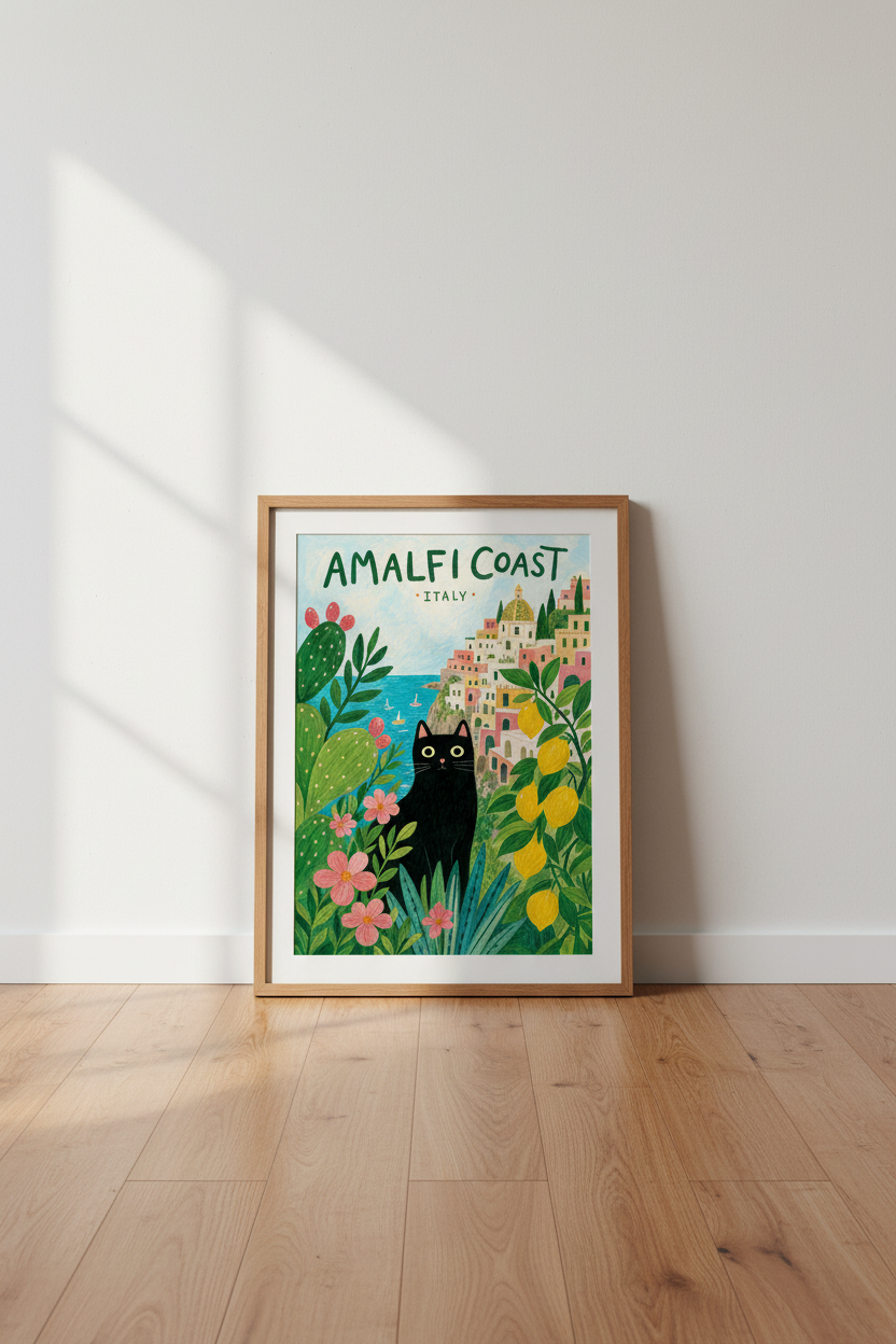 Amalfi Coast Black Cat Wall Art | Italy Travel Decor | Whimsical Illustration Poster
